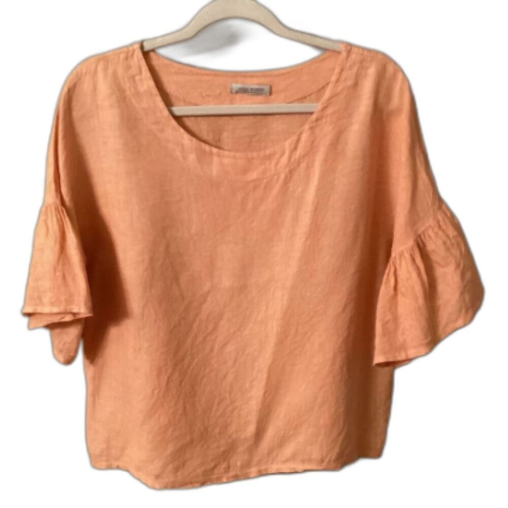 VIOLA BORGHI SIZE LARGE PEACH ORANGE RUFFLE SLEEVE LINEN PULLOVER TOP